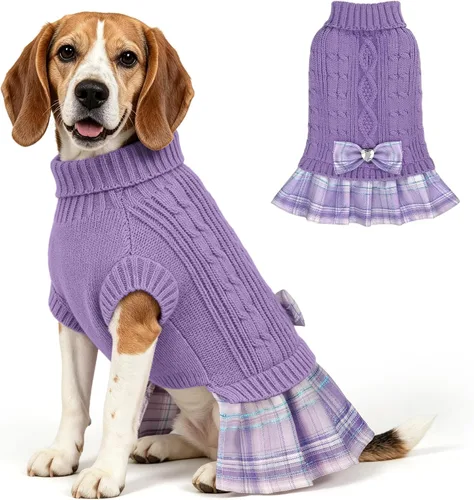 Vista 11 de WOYYHO Vestido de suéter para perro pequeño con corbatín, ropa de perro de Rosa polvoriento