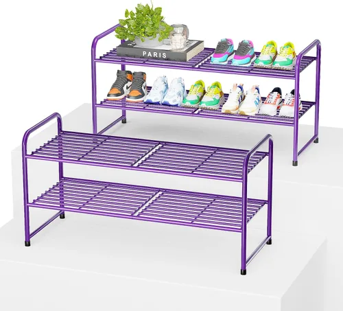 Vista 13 de Zapatero de 2 niveles para armario, organizador de almacenamiento de zapatos extra largo de 44 pulgadas para estantes, metal resistente, fácil