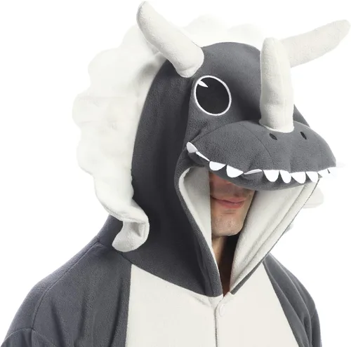Vista 3 de dressfan Disfraz de dragón de Triceratops de animal, disfraz de dinosaurio, Navidad, Halloween, cosplay, pijama, unisex, para adultos y adolescentes
