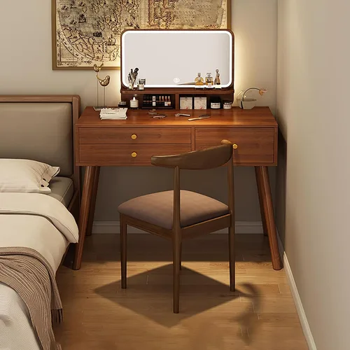 Vista 12 de Tocador con espejo de luces, escritorio de maquillaje de madera con taburete acolchado, moderno escritorio de tocador para dormitorio con taburete