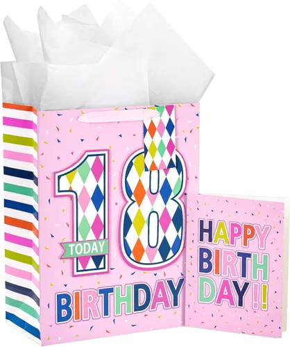 Vista 10 de Loveinside Bolsa de regalo de cumpleaños rosa con papel de seda, etiqueta de regalo y tarjeta de felicitación para niñas, fiestas y más, 10 x 5 x 13