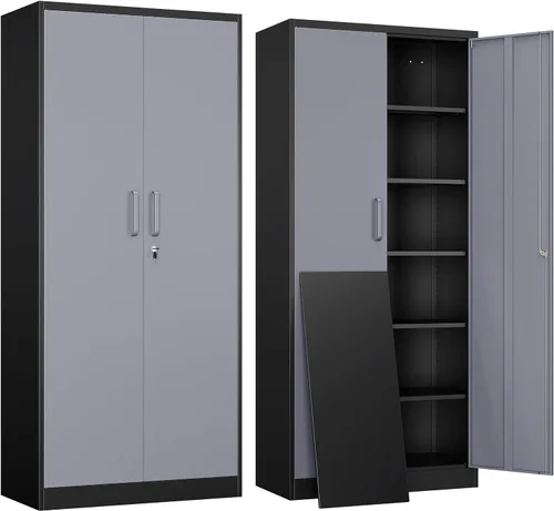 Vista 13 de Yizosh Armario de almacenamiento de metal para garaje con 2 puertas y 5 estantes ajustables, gabinete de archivo de acero con cerradura de 71