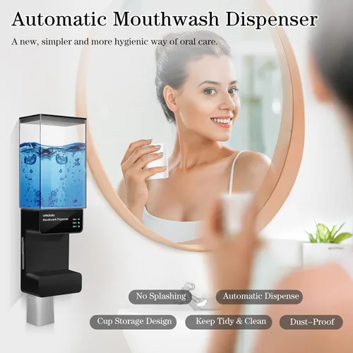 Vista 2 de UMICKOO Dispensador automático de enjuague bucal para baño, 23.67 onzas, dispensador de enjuague bucal montado en la pared con tazas magnéticas