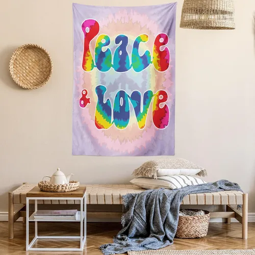 Vista 6 de Ambesonne Tapiz Groovy, texto de paz y amor en patrón de efecto teñido anudado, enérgico, juvenil, divertido hippie de los años 60 y 70, decoración