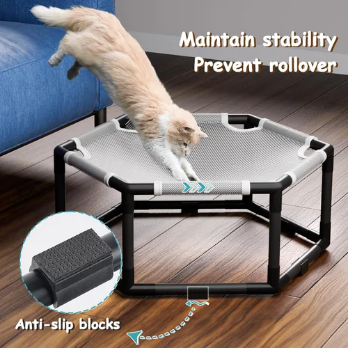 Vista 4 de Tresbro Cama hamaca elevada para gatos, cama hexagonal elevada para uso en interiores y exteriores con tela transpirable y bloque antideslizante
