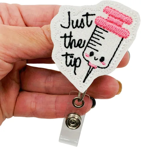 Vista 2 de Just The Tip - Carrete de insignia, soporte retráctil divertido para identificación de flebotomista, clip para etiqueta de enfermera de flebotomía