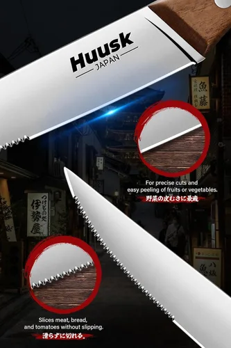 Vista 3 de Juego de cuchillos para carne Huusk de 6 con organizador de cajones - Juego de 4.5 pulgadas de cuchillos para carne japoneses serrados con bloque