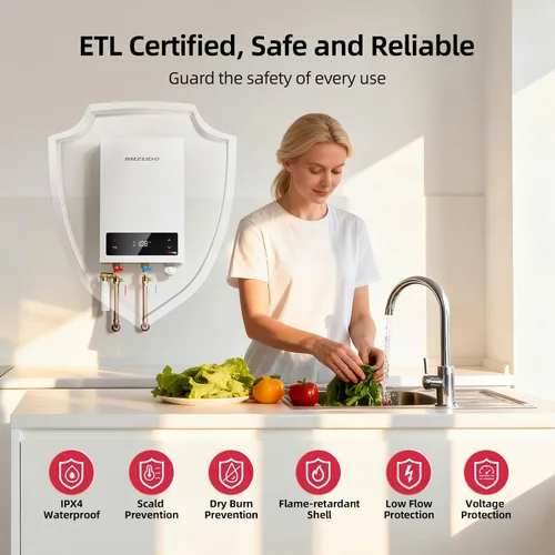 Vista 4 de Calentador de agua eléctrico sin tanque de 11kW, MIZUDO calentador de agua caliente instantáneo de 240 voltios, hasta 2.6 GPM para 1-2 puntos