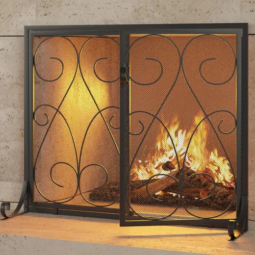 Vista 6 de Kingson Pantalla de chimenea de 2 paneles con puertas, hecha a mano, malla decorativa de hierro forjado, protector de chispas de fuego