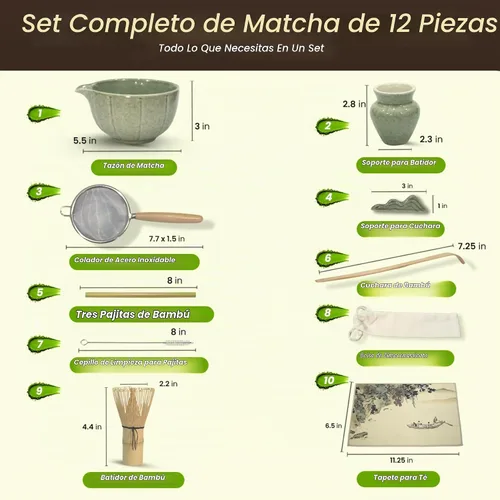 Vista 9 de Juego de batidor de matcha de 12 piezas, kit completo de matcha que incluye cuenco de matcha con boquilla, batidor de bambú, pajitas de bambú