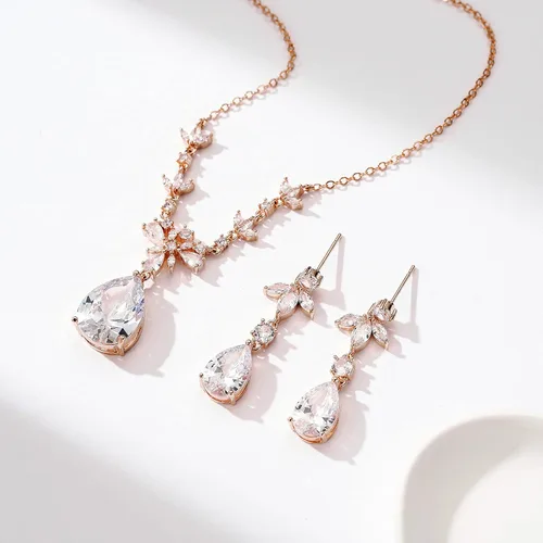 Vista 5 de SWEETV Conjuntos de joyería nupcial de boda para novias, damas de honor, collar de lágrima, aretes colgantes, conjuntos de joyas de graduación