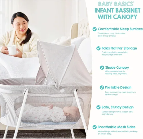 Vista 4 de Regalo Baby Basics - Moisés infantil con toldo, marca galardonada, plegado rápido y fácil de instalar, almohadilla extraíble, malla transparente