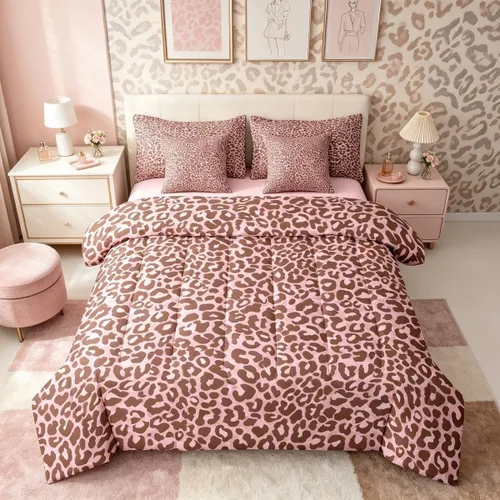Vista 8 de Erosebridal Juego de edredón de 7 piezas con estampado de leopardo, tamaño Queen, juego de ropa de cama súper suave con estampado de guepardo, juego