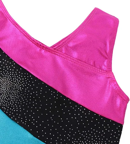 Vista 4 de Leotardo de gimnasia con shorts para niñas, sin mangas, para ciclismo, con diseño de mariposas y flores con brillo, color negro y rosado intenso