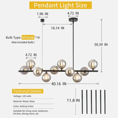 Vista 4 de Candelabros lineales para comedor de 10 luces, lámpara lineal moderna Sputnik, lámpara de techo Sputnik, luces de isla de 40 pulgadas para cocina