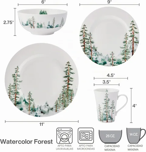 Vista 8 de Mikasa Watercolor Forest Bone China - Juego de vajilla ligera de 16 piezas resistente a las astillas, servicio para 4, color blanco