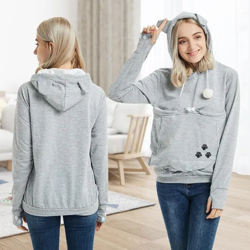 Vista 2 de YYW Sudadera con capucha para mujer, sudadera de gran tamaño con capucha para gatos, soporte para mascotas y perros (gris, M)