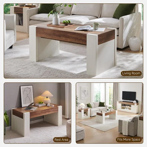 Vista 15 de OKD Mesa de café de 48" moderna estilo casa de campo, mesa de madera para sala de estar con cajón de almacenamiento oculto, mesas centrales