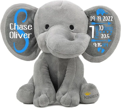 Vista 23 de Animal de peluche de elefante personalizado - Anuncio de estadísticas de nacimiento personalizadas, animales de peluche de elefante para bebés, baby