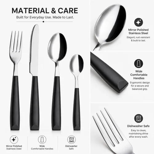 Vista 5 de EXZACT 16 pcs Flatware Set Stainless Steel Wide Handles Serves 4 Black