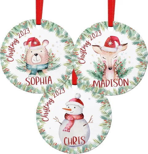 Vista 7 de Adorno de Navidad personalizado para niños con nombre y fecha, 6 diseños, metal personalizado de 3 pulgadas, aluminio, adorno de Navidad redondo