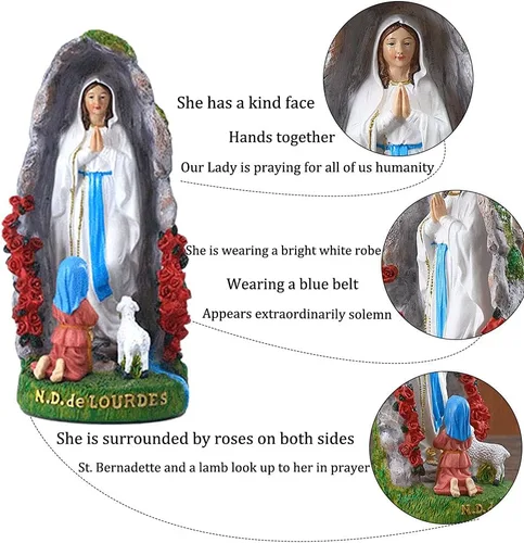 Vista 3 de Estatua de Nuestra Señora de Lourdes – Figura de resina de 8 pulgadas – Estatua de Santa Bernadette y María, escultura con pintura a mano – Regalo