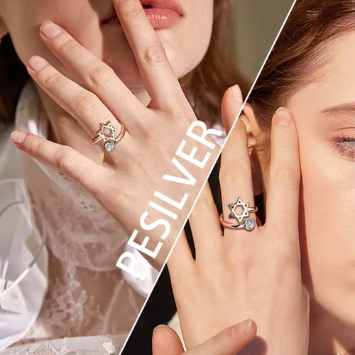 Vista 4 de Jewmon Anillo de plata de ley con estrella de David para mujer – Anillo ajustable Magen David – Amuleto Wicca – Regalos judíos