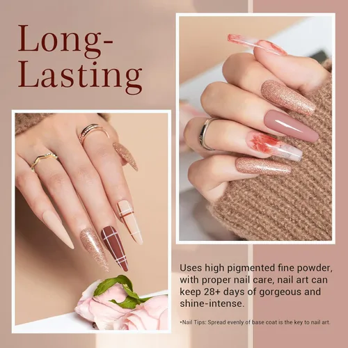 Vista 5 de AZUREBEAUTY Kit de iniciación de uñas en polvo de inmersión, 4 colores de otoño, piel nude, marrón, purpurina, juego de líquido de polvo