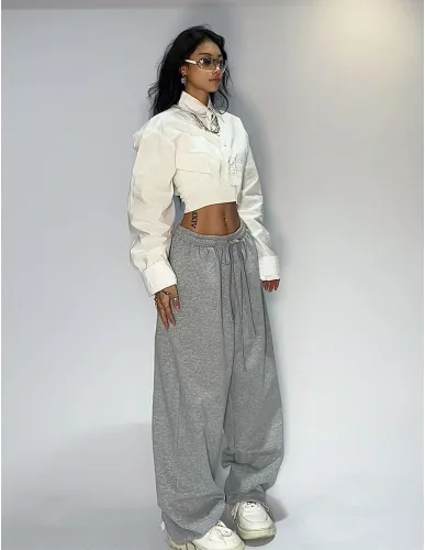 Vista 3 de Pantalones deportivos de pierna ancha para mujer, pantalones holgados Y2k de pierna recta con bolsillos, pantalones Y2K de tiro bajo