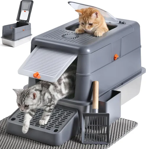 Vista 11 de Caja de arena cerrada de acero inoxidable para gatos con tapa y alfombra, caja de arena extra grande para gatos con cajón, caja de metal para gatos
