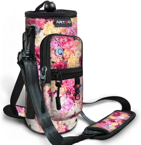 Vista 15 de ARTSO Bolsa de transporte para botella de agua con bolsillo para teléfono, funda de neopreno para botella de agua, bolsa con correa ajustable