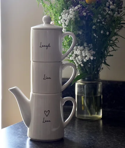 Vista 6 de Pavilion Gift Company - Juego de té apilable para dos - Love 15 oz Teapot con 2 tazas Live & Laugh de 8 onzas