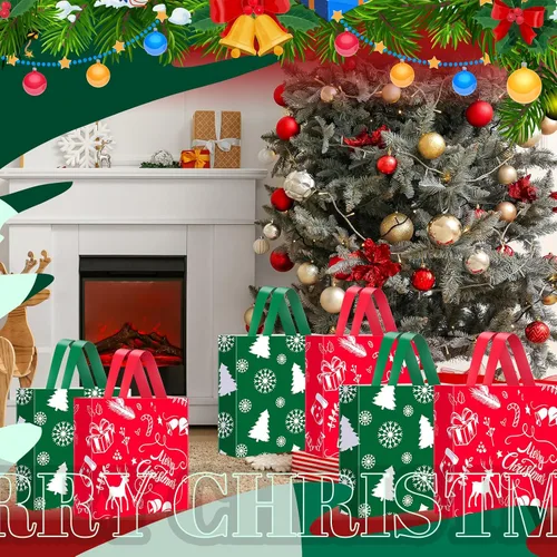 Vista 4 de Zhanmai 200 bolsas de plástico de Navidad reutilizables con asas de 10 x 13 pulgadas para suministros de fiesta de Navidad (estilo clásico)