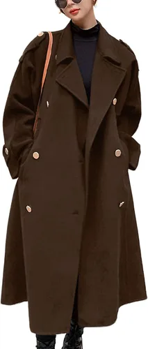 Vista 9 de chouyatou Abrigo de guisante de lana largo midi de doble botonadura para mujer con solapa de muesca, gabardina de invierno Negro