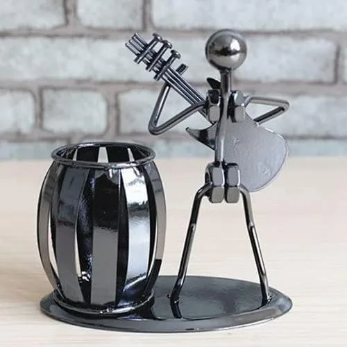 Vista 5 de Armear Portalápices de guitarra, soporte decorativo de metal para bolígrafos de escritorio con diseño de balancín y guitarra, organizador