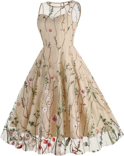 Vista 2 de Vestido de noche de tul con bordado floral para mujer, diseño de ilusión de malla transparente, vintage, cóctel, vestido de fiesta de boda, fiesta