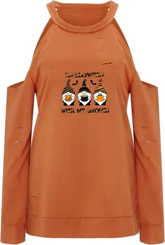 Vista 3 de Sudaderas de Halloween para mujer, suéter de talla grande, manga larga, hombros descubiertos, moda de otoño, ropa de moda para mujer