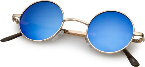 Vista 4 de Gafas de sol redondas de metal de 1.614 in, estilo retro de Lennon. Oro/azul.