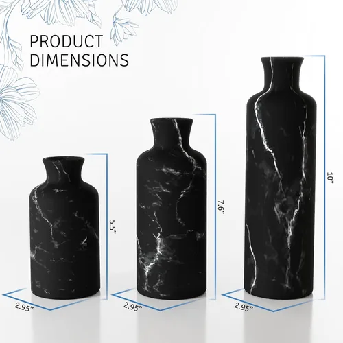 Vista 3 de Creative Scents Juego de jarrones con aspecto de mármol negro, jarrones para decoración del hogar, calidad premium para sostener hierba de pampa
