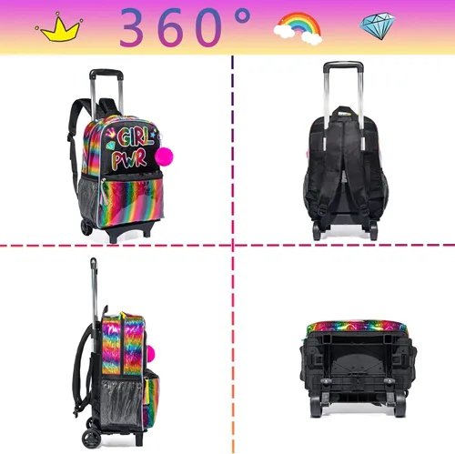 Vista 4 de Mochila con ruedas para niñas, mochila escolar con ruedas, bolsa escolar con bolsa de almuerzo y bolsa para lápices, mochila con ruedas para niños