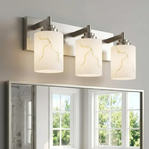 Vista 30 de Juego de 2 apliques de pared dorados con pantalla de vidrio de mármol, accesorios modernos de tocador de baño para dormitorio, pasillo, entrada