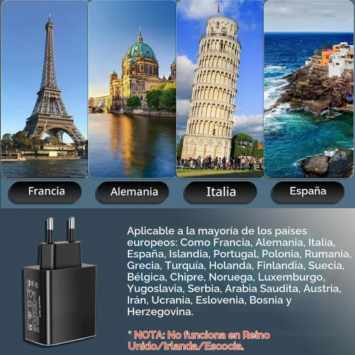 Vista 4 de European USB C Charger, 55W 4-Port European Travel Plug Adapter USB C 55W negro