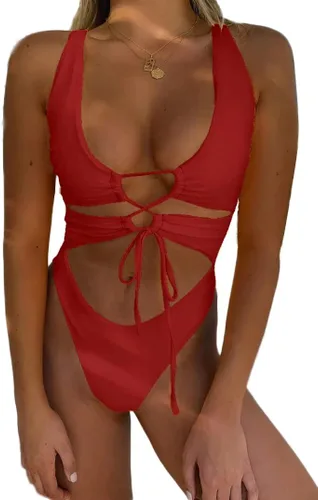 Vista 15 de Traje de baño sexy de una pieza con recortes, encaje, espalda descubierta y corte alto monokini para mujer Azul bebé
