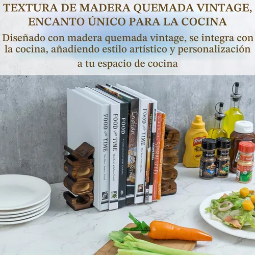 Vista 2 de MyGift Sujetalibros decorativos de madera quemada rústica para cocina y libros, para encimera de cocina, juego de 2 piezas Marrón oscuro