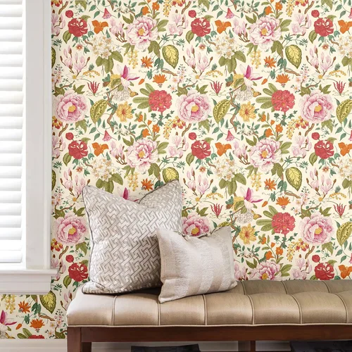 Vista 2 de Blooming Wall DPYC02-1 - Papel tapiz autoadhesivo con textura de peonía y flores primaverales, decoración de pared