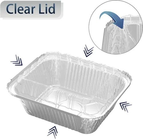 Vista 3 de iHomeSet Paquete de 25 unidades de 1 libra de sartén rectangular desechable de papel de aluminio con tapas de domo de plástico transparente de 16
