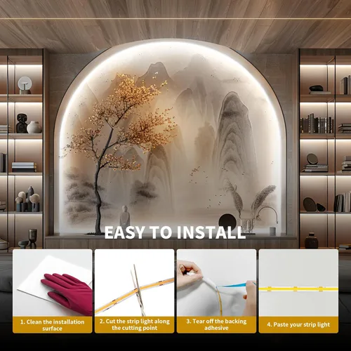 Vista 8 de COB - Tira de luz LED de 40 pies/39.4 ft (1 rollo), blanco frío, 6500 K, alto lumen, CRI 90+ con adaptador de corriente con certificación UL