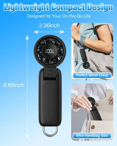 Vista 6 de Ventilador turbo portátil de mano 4 en 1, mini ventilador plegable de 180° de 6 velocidades (1-100), batería recargable de 5000 mAh hasta 15 horas