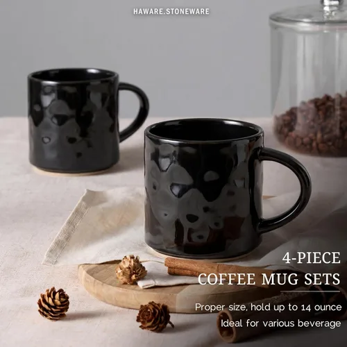 Vista 3 de HaWare Juego de 4 tazas de café de 14 onzas, tazas de café de gres con asa, taza de café con leche para hombre, mujer, papá, mamá, tazas de té
