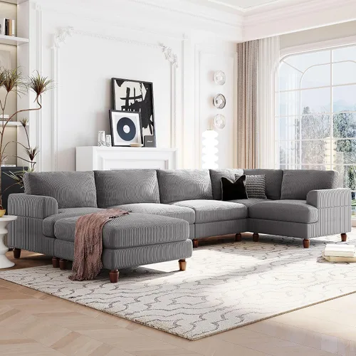 Vista 12 de Sofá modular de gran tamaño con otomana, lujoso juego de sofá modular en forma de L, sofá modular reversible de 7 plazas para sala de estar y beige